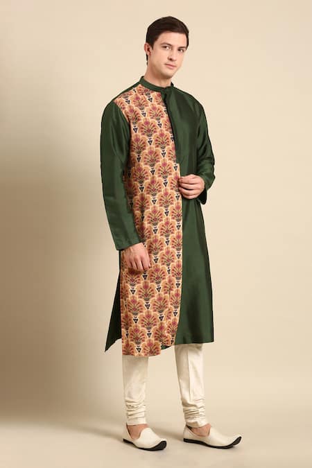 Shop Mayank Modi - Men Green Silk, Muslin Embroidery Colorblock Flower Print Kurta Set Online at Aza Fashions Shop_Mayank Modi - Men_Green Silk, Muslin Embroidery Colorblock Flower Print Kurta Set _Online_at_Aza_Fashions