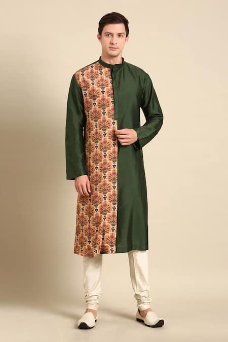 Mayank Modi - Men Green Silk, Muslin Embroidery Colorblock Flower Print Kurta Set at Aza Fashions Mayank Modi - Men_Green Silk, Muslin Embroidery Colorblock Flower Print Kurta Set _at_Aza_Fashions