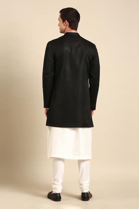 Shop_Mayank Modi - Men_Black Silk Mirrors Embroidered Long Jacket _at_Aza_Fashions