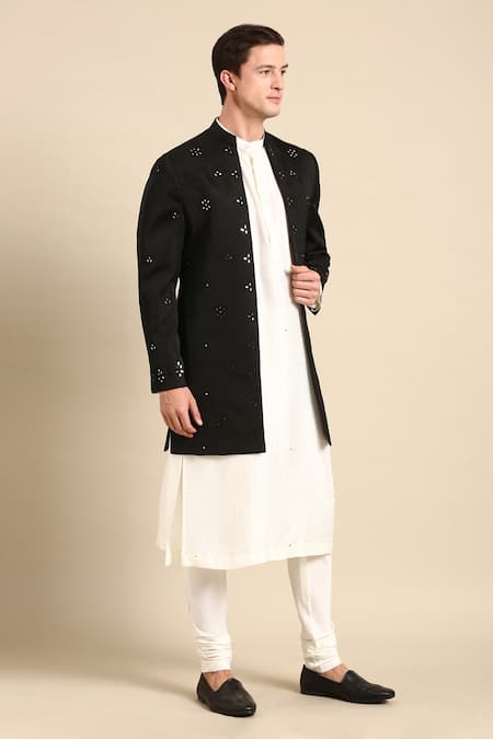 Shop_Mayank Modi - Men_Black Silk Mirrors Embroidered Long Jacket _Online_at_Aza_Fashions
