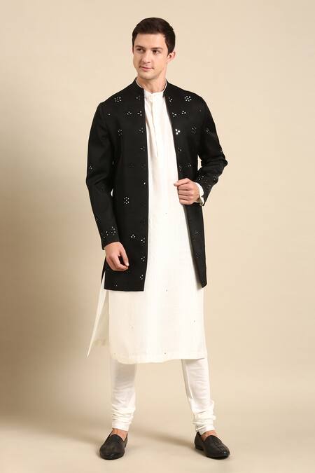 Mayank Modi - Men_Black Silk Mirrors Embroidered Long Jacket _at_Aza_Fashions
