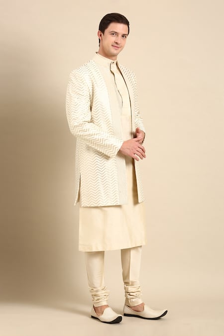 Shop_Mayank Modi - Men_Ivory Chanderi Silk Embroidery Jacket _Online_at_Aza_Fashions