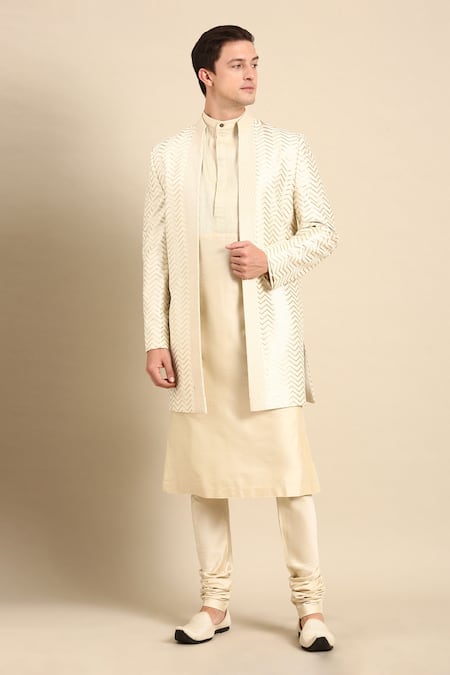 Mayank Modi - Men_Ivory Chanderi Silk Embroidery Jacket _at_Aza_Fashions