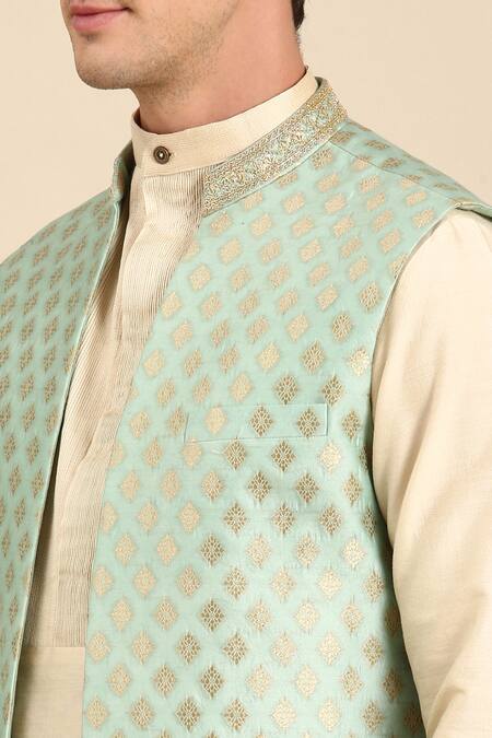 Mayank Modi - Men_Green Silk, Jacquard Embroidery Geometric Woven Nehru Jacket_Online_at_Aza_Fashions