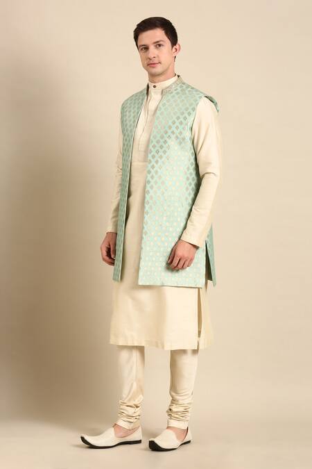 Buy_Mayank Modi - Men_Green Silk, Jacquard Embroidery Geometric Woven Nehru Jacket_Online_at_Aza_Fashions