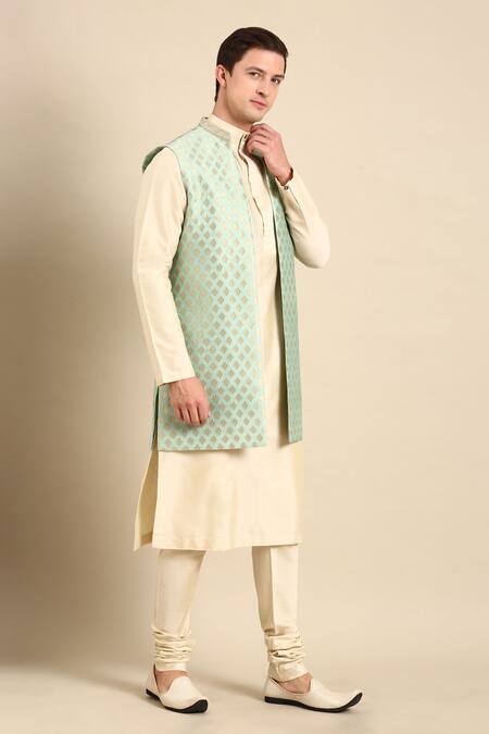 Shop_Mayank Modi - Men_Green Silk, Jacquard Embroidery Geometric Woven Nehru Jacket_Online_at_Aza_Fashions