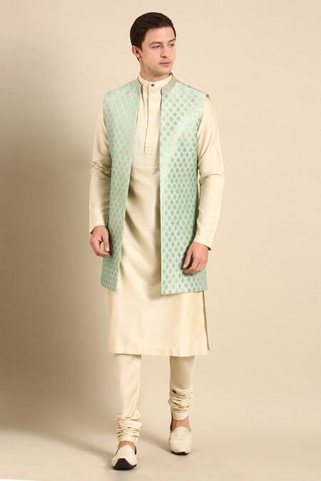 Mayank Modi - Men_Green Silk, Jacquard Embroidery Geometric Woven Nehru Jacket_at_Aza_Fashions