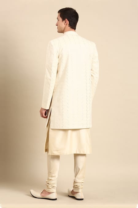 Mayank Modi - Men Ivory Chevron Woven Nehru Jacket 