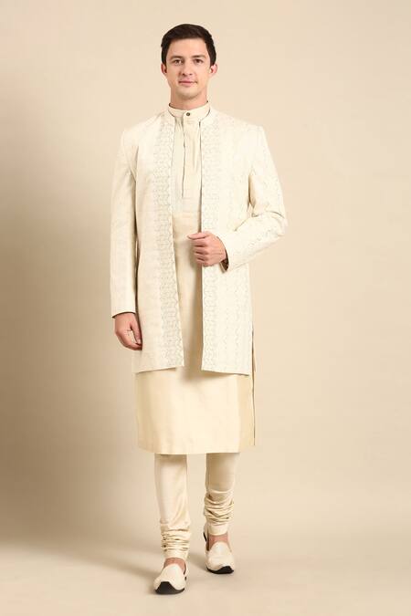 Mayank Modi - Men_Ivory Silk, Jacquard Chevron Woven Nehru Jacket For Kids_Online_at_Aza_Fashions