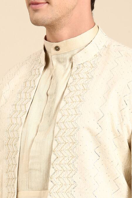 Buy_Mayank Modi - Men_Ivory Silk, Jacquard Chevron Woven Nehru Jacket For Kids_Online_at_Aza_Fashions
