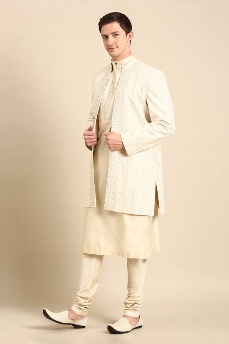 Shop_Mayank Modi - Men_Ivory Silk, Jacquard Chevron Woven Nehru Jacket For Kids_Online_at_Aza_Fashions