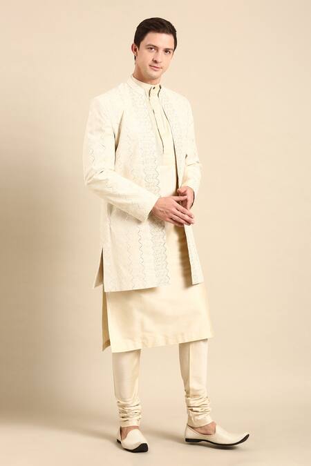 Mayank Modi - Men_Ivory Silk, Jacquard Chevron Woven Nehru Jacket For Kids_at_Aza_Fashions