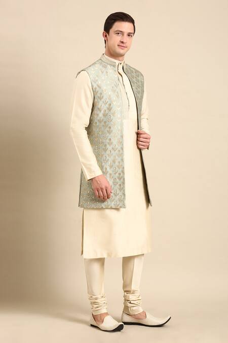 Shop_Mayank Modi - Men_Green Silk Embroidery Floral Woven Nehru Jacket_Online_at_Aza_Fashions