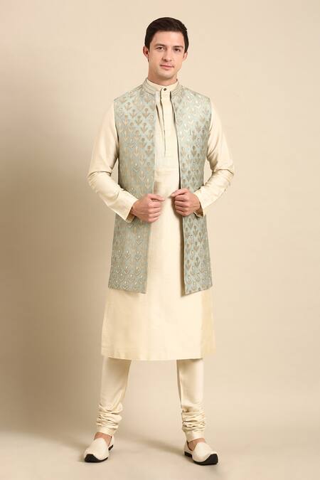 Mayank Modi - Men_Green Silk Embroidery Floral Woven Nehru Jacket_at_Aza_Fashions
