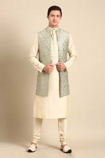 Men Pista Green & Gold Embroidered Woven Nehru Jacket
