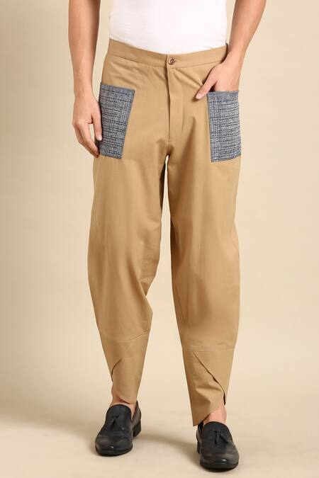 Mayank Modi - Men_Beige Cotton Embroidery Placement Pant _Online_at_Aza_Fashions