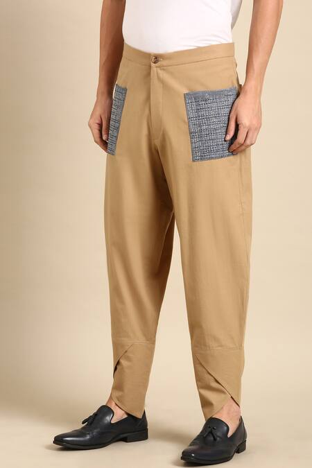 Buy_Mayank Modi - Men_Beige Cotton Embroidery Placement Pant _Online_at_Aza_Fashions
