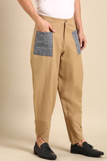 Shop_Mayank Modi - Men_Beige Cotton Embroidery Placement Pant _Online_at_Aza_Fashions