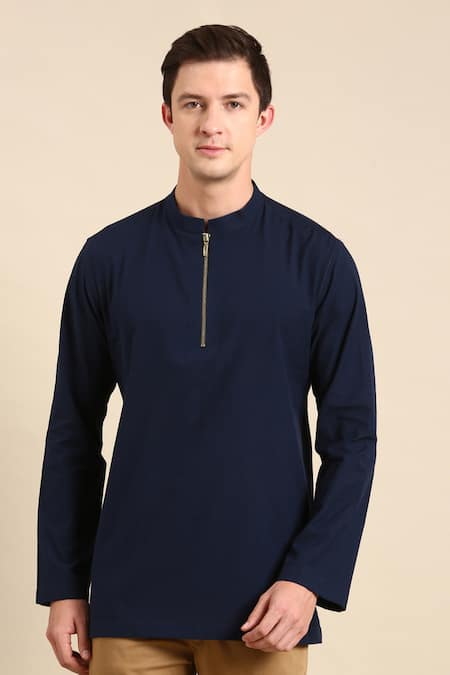 Mayank Modi - Men_Blue Cotton Full Sleeve Short Kurta For Kids_Online_at_Aza_Fashions