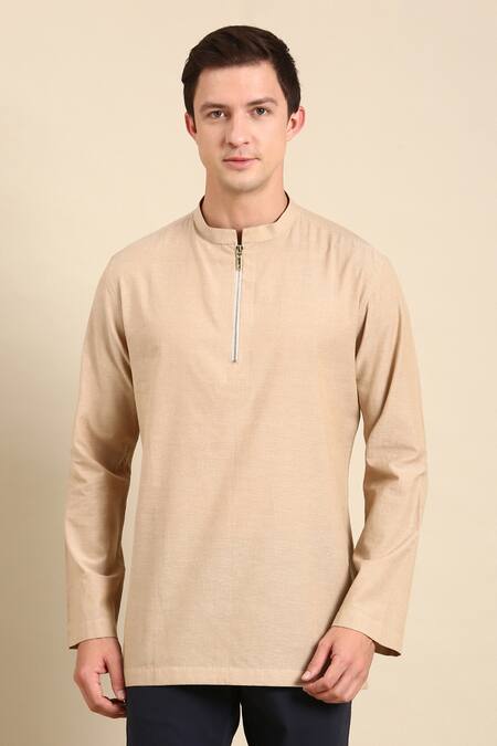 Mayank Modi - Men_Beige Cotton Solid Short Kurta _Online_at_Aza_Fashions