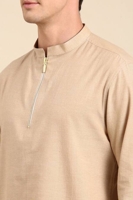 Buy_Mayank Modi - Men_Beige Cotton Solid Short Kurta _Online_at_Aza_Fashions