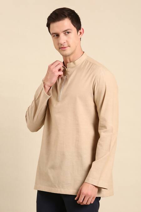 Shop_Mayank Modi - Men_Beige Cotton Solid Short Kurta _Online_at_Aza_Fashions
