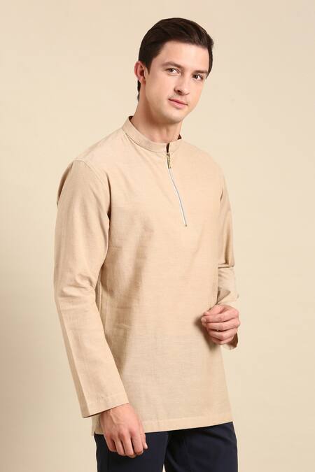 Mayank Modi - Men_Beige Cotton Solid Short Kurta _at_Aza_Fashions