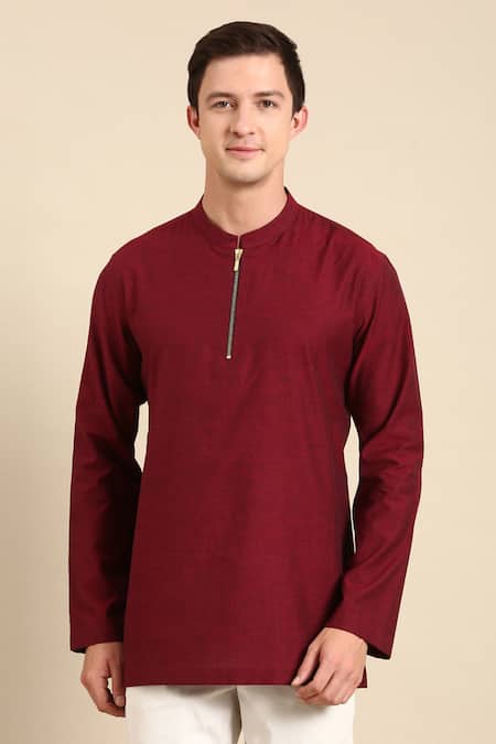 Mayank Modi - Men_Maroon Cotton Full Sleeve Plain Short Kurta For Kids_Online_at_Aza_Fashions