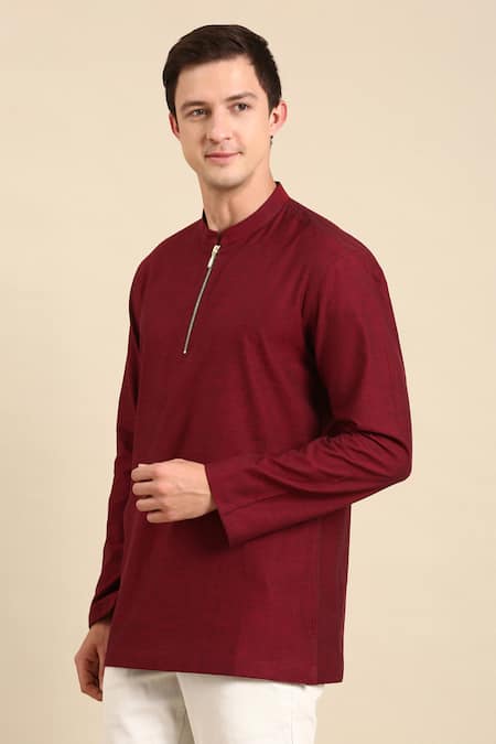 Shop_Mayank Modi - Men_Maroon Cotton Full Sleeve Plain Short Kurta For Kids_Online_at_Aza_Fashions