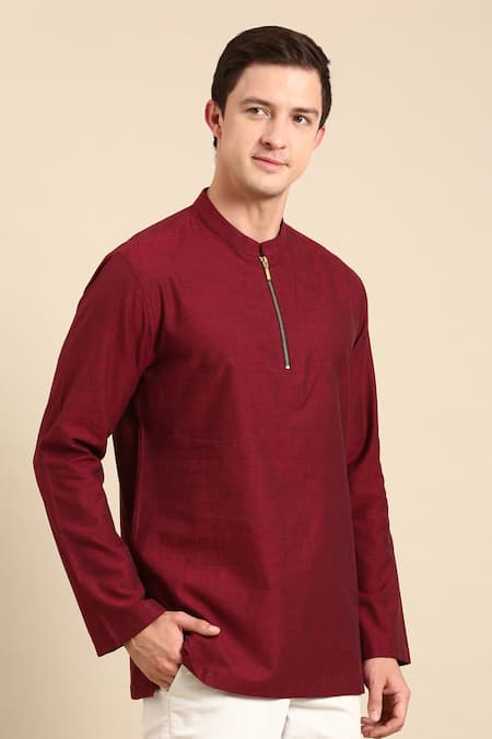 Mayank Modi - Men_Maroon Cotton Full Sleeve Plain Short Kurta For Kids_at_Aza_Fashions