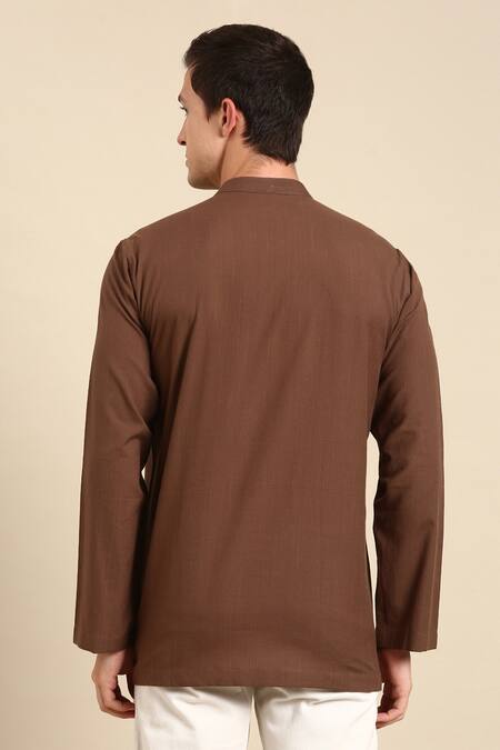 Shop Mayank Modi - Men Brown Cotton Full Sleeve Solid Short Kurta at Aza Fashions Shop_Mayank Modi - Men_Brown Cotton Full Sleeve Solid Short Kurta_at_Aza_Fashions