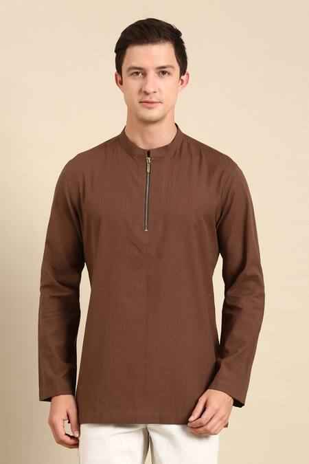 Mayank Modi - Men Brown Cotton Full Sleeve Solid Short Kurta Online at Aza Fashions Mayank Modi - Men_Brown Cotton Full Sleeve Solid Short Kurta_Online_at_Aza_Fashions
