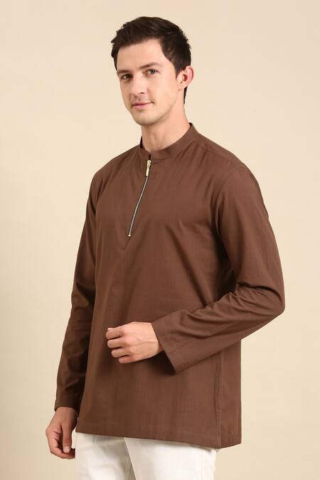 Shop Mayank Modi - Men Brown Cotton Full Sleeve Solid Short Kurta Online at Aza Fashions Shop_Mayank Modi - Men_Brown Cotton Full Sleeve Solid Short Kurta_Online_at_Aza_Fashions