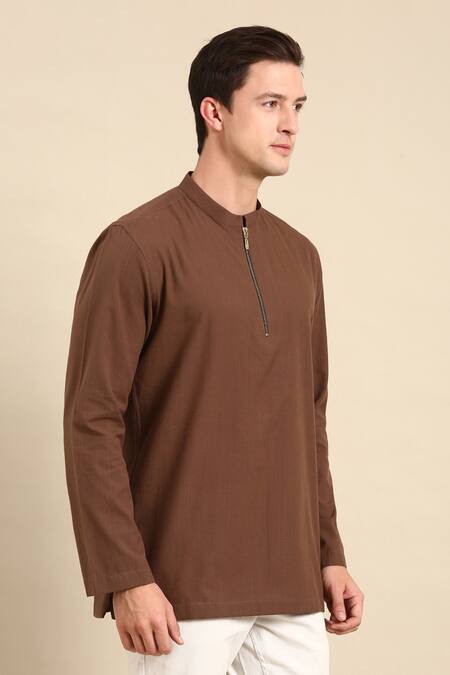 Mayank Modi - Men Brown Cotton Full Sleeve Solid Short Kurta at Aza Fashions Mayank Modi - Men_Brown Cotton Full Sleeve Solid Short Kurta_at_Aza_Fashions