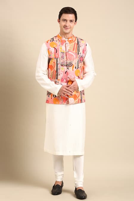 Mayank Modi - Men Abstract Floral Print Nehru Jacket 