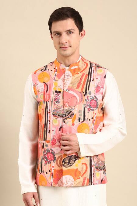 Mayank Modi - Men_Pink Muslin Abstract Floral Digital Print Nehru Jacket For Kids_Online_at_Aza_Fashions