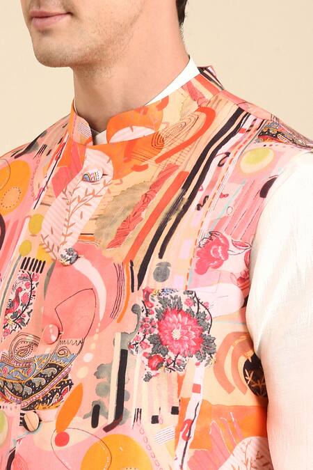 Buy_Mayank Modi - Men_Pink Muslin Abstract Floral Digital Print Nehru Jacket For Kids_Online_at_Aza_Fashions