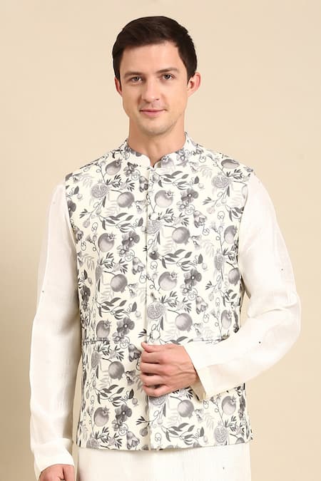 Mayank Modi - Men_Cream Muslin Floral Digital Print Nehru Jacket For Kids_Online_at_Aza_Fashions
