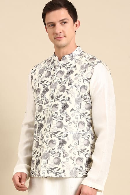 Shop_Mayank Modi - Men_Cream Muslin Floral Digital Print Nehru Jacket For Kids_Online_at_Aza_Fashions