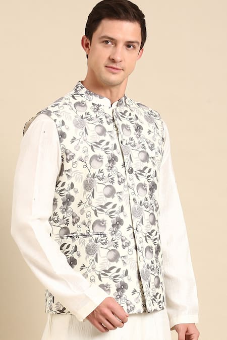 Mayank Modi - Men_Cream Muslin Floral Digital Print Nehru Jacket For Kids_at_Aza_Fashions