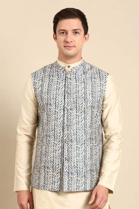Mayank Modi - Men_Blue Muslin Indigo Leaf Digital Printed Nehru Jacket _Online_at_Aza_Fashions