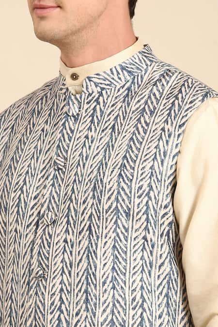 Buy_Mayank Modi - Men_Blue Muslin Indigo Leaf Digital Printed Nehru Jacket _Online_at_Aza_Fashions