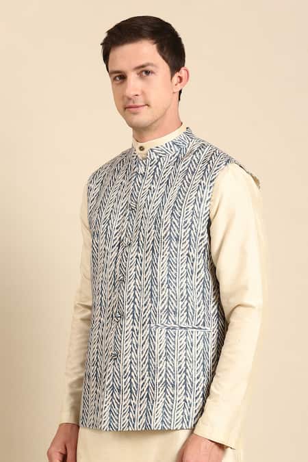 Shop_Mayank Modi - Men_Blue Muslin Indigo Leaf Digital Printed Nehru Jacket _Online_at_Aza_Fashions