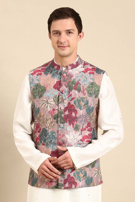 Mayank Modi - Men_Pink Muslin Flower Digital Print Nehru Jacket For Kids_Online_at_Aza_Fashions
