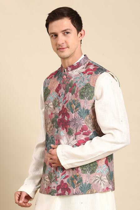 Shop_Mayank Modi - Men_Pink Muslin Flower Digital Print Nehru Jacket For Kids_Online_at_Aza_Fashions