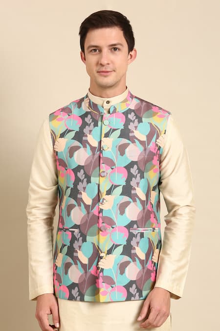 Mayank Modi - Men Blue Muslin Floral Printed Nehru Jacket For Kids Online at Aza Fashions Mayank Modi - Men_Blue Muslin Floral Printed Nehru Jacket For Kids_Online_at_Aza_Fashions
