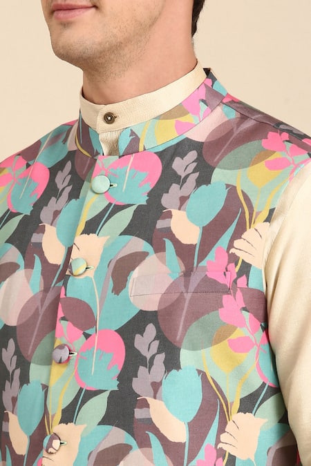 Buy Mayank Modi - Men Blue Muslin Floral Printed Nehru Jacket For Kids Online at Aza Fashions Buy_Mayank Modi - Men_Blue Muslin Floral Printed Nehru Jacket For Kids_Online_at_Aza_Fashions