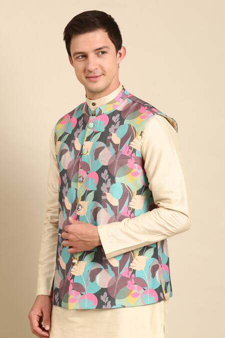 Shop Mayank Modi - Men Blue Muslin Floral Printed Nehru Jacket For Kids Online at Aza Fashions Shop_Mayank Modi - Men_Blue Muslin Floral Printed Nehru Jacket For Kids_Online_at_Aza_Fashions