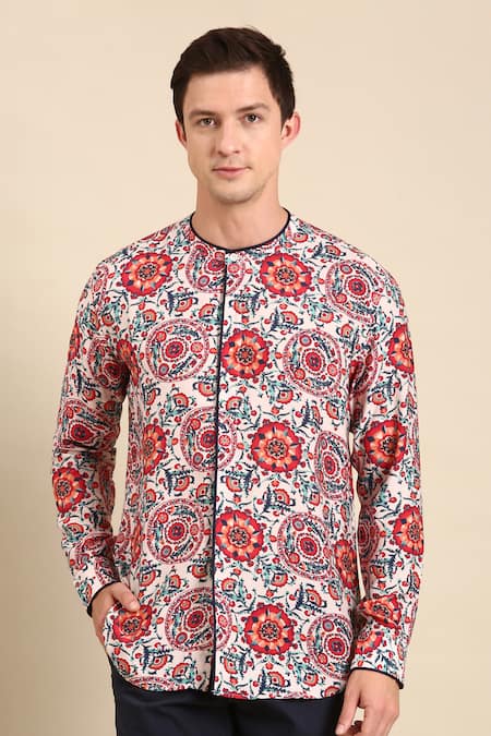Mayank Modi - Men_Multi Color Muslin Mandala Print Shirt_Online_at_Aza_Fashions