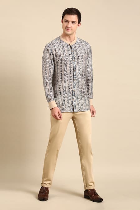 Mayank Modi - Men Blue Muslin Printed Digital Mandarin Collar Shirt 